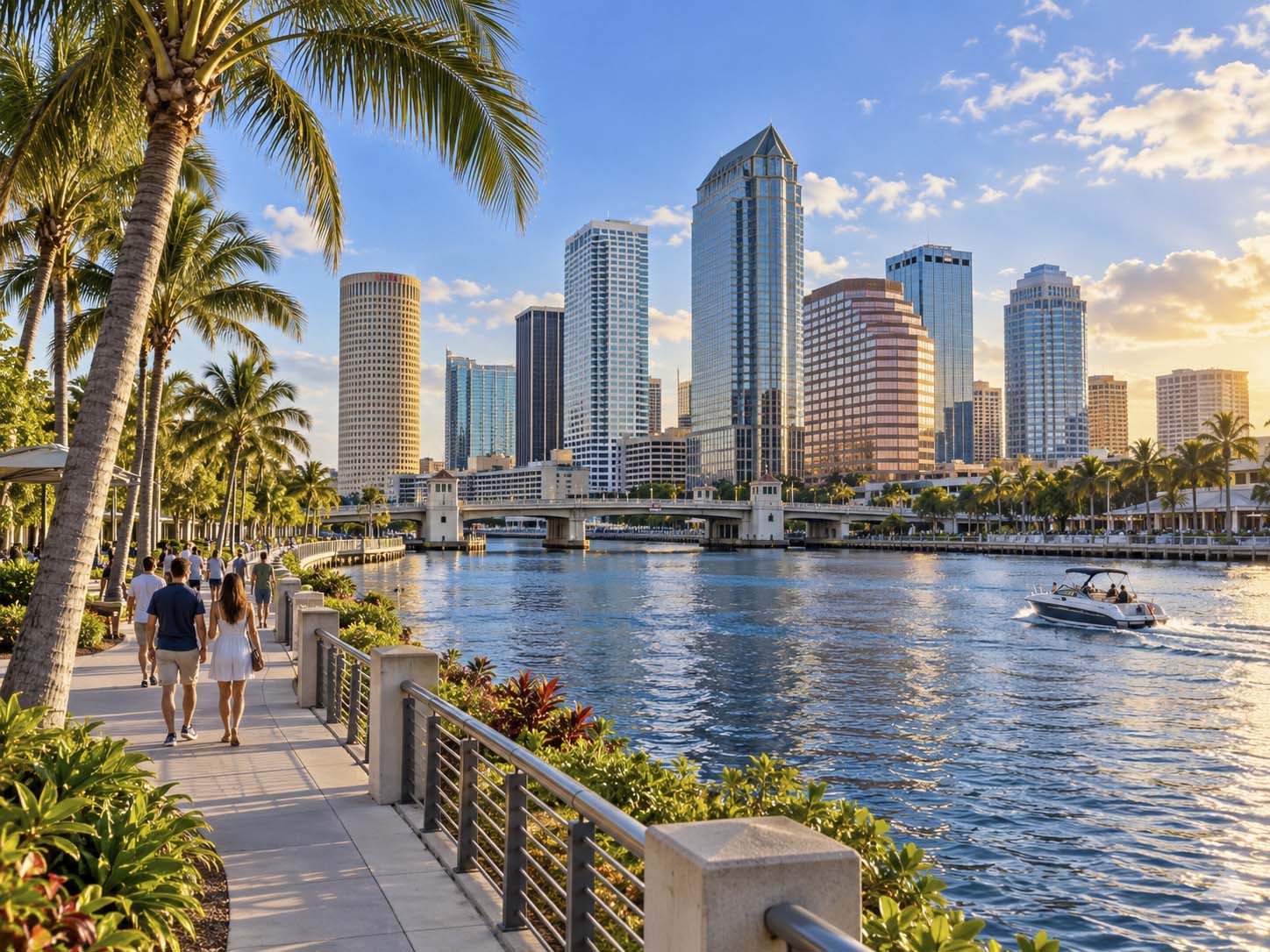 Palm-lined Tampa Riverwalk with downtown skyline and a boat on the river